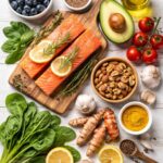 Anti-Inflammatory Diet for Beginners: Anti-inflammatory foods including salmon, spinach, blueberries, avocado, turmeric, ginger, garlic, olive oil, and nuts arranged on a wooden table.o