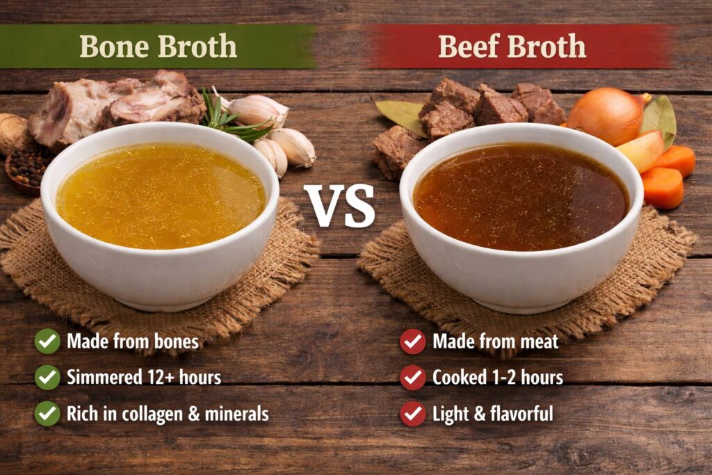 Bone Broth vs Beef Broth photo in two serving bowls side by side with text showing the cooking ingredients, duration simmered and nutrients density in each broth.