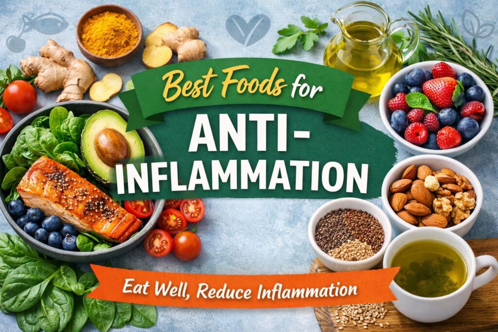 What Foods Are Good For Anti-Inflammation? A vibrant bowl filled with leafy greens, salmon, avocado, berries, and nuts arranged neatly.