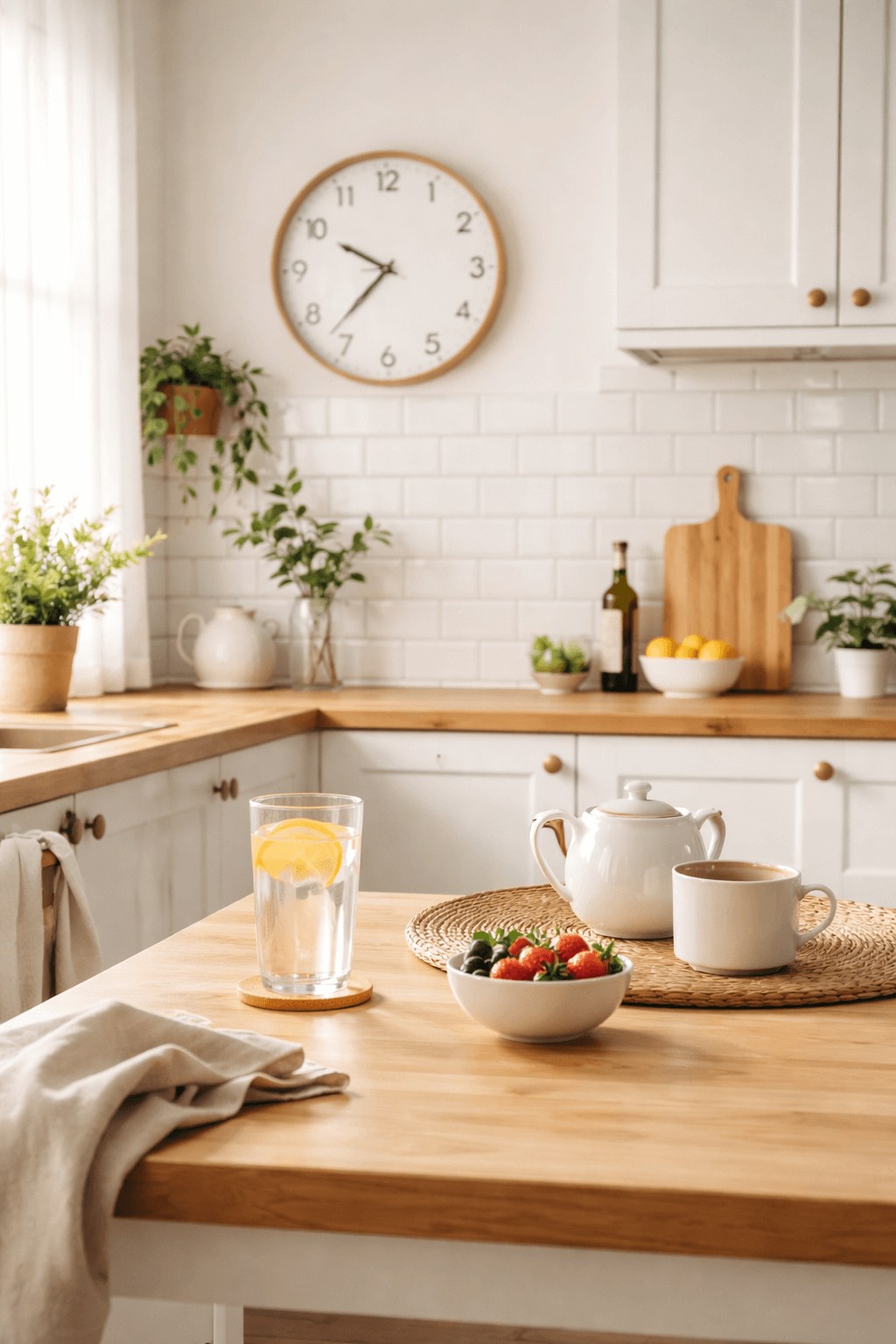 Which Intermittent Fasting Is Best for Me? Modern kitchen with a wall clock representing meal timing and intermittent fasting schedules.
