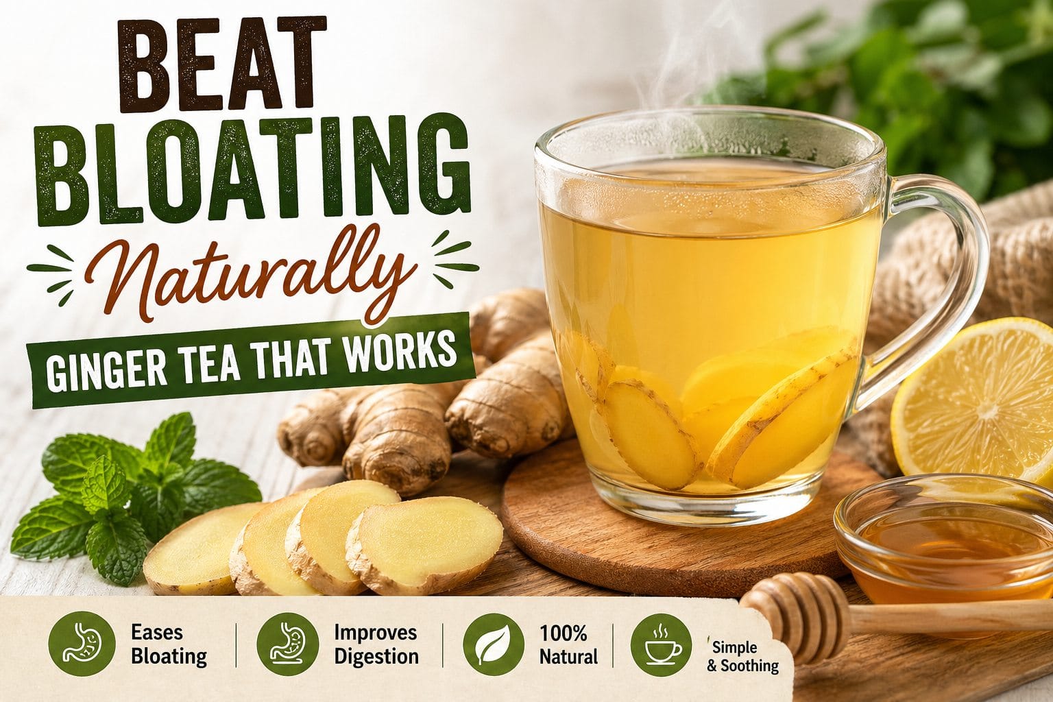 Bloated stomach ginger tea recipe with fresh ginger, lemon, and warm herbal tea in a glass cup